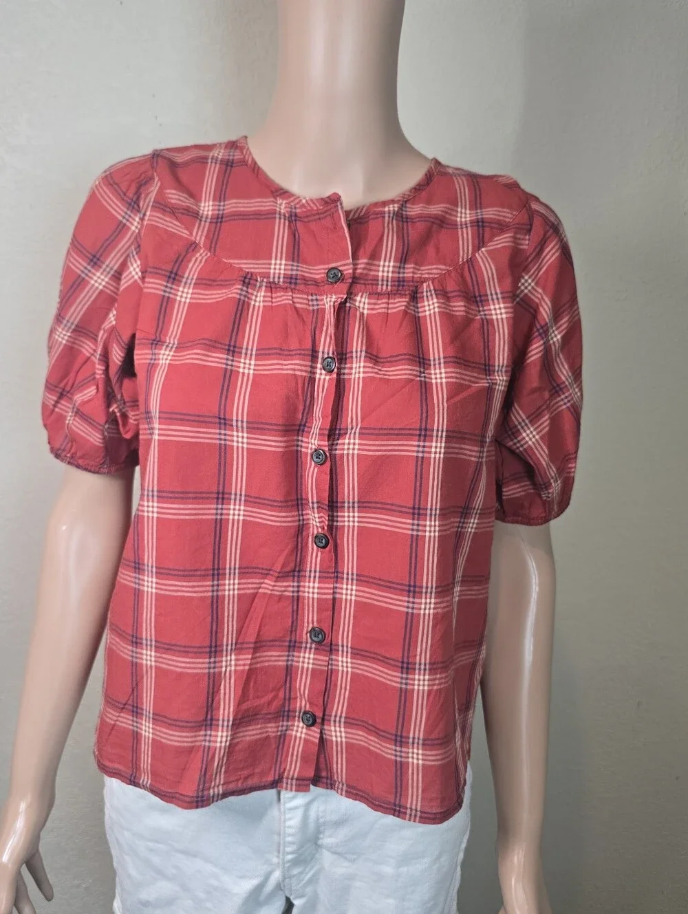 Madewell Red Plaid Short Sleeve Round Neck Lightweight Cotton Prose Shirt S